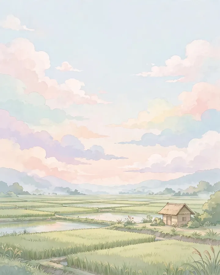 ท้องฟ้าพาสเทลเหนือทุ่งนา เว้นที่ว่างด้านบน